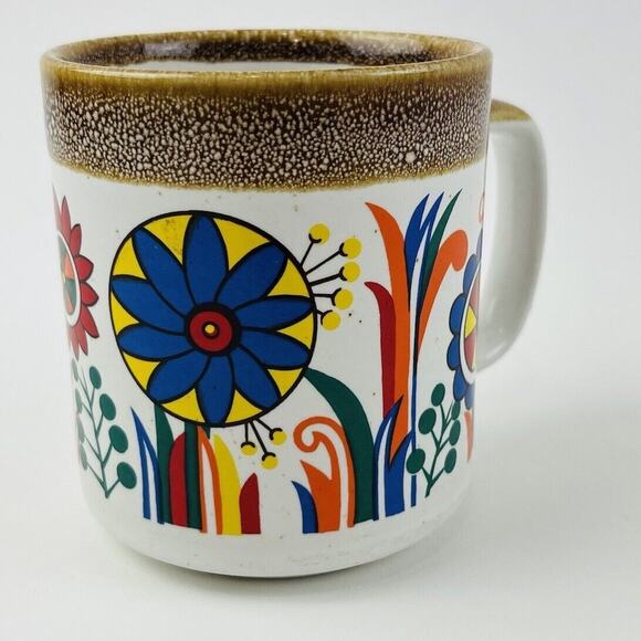 Vintage 60s/70s Retro Porcelain Blue Green Flower Power Mug Red Orange MCM Leaf - Picture 4 of 10